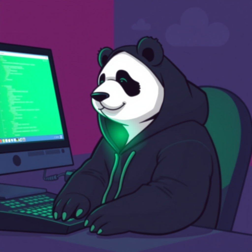 A panda bear sitting in front of a computer wearing a black hoodie. Green light emanating from the computer screen.