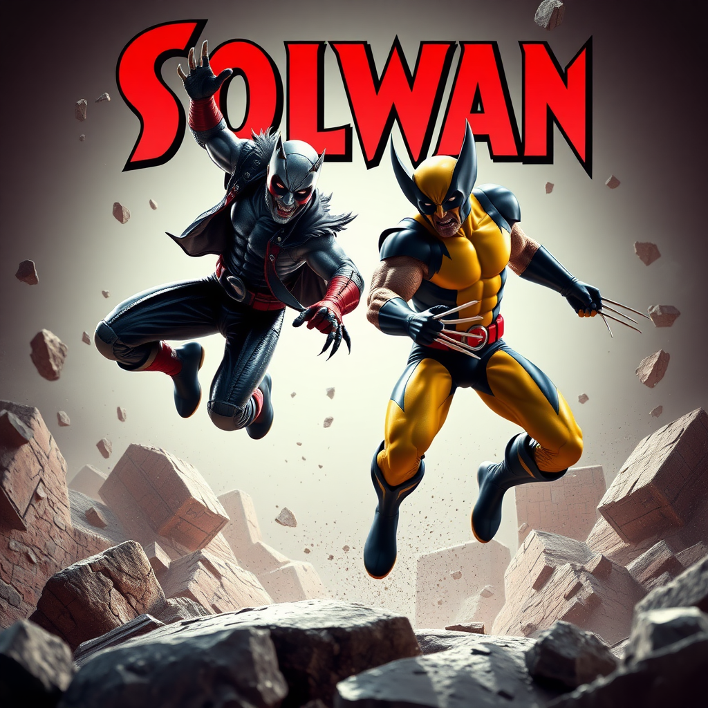 Jumping out of a Comic book cover is Spawn and Wolverine in Cinematic Real3D photo-realistic quality.