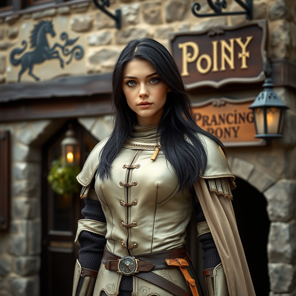 beautiful young woman, dark hair past her shoulders, blue eyes, small, slim figure, wearing light full leather armor suit, long cloak, standing next to medieval tavern with sign: "Prancing Pony".