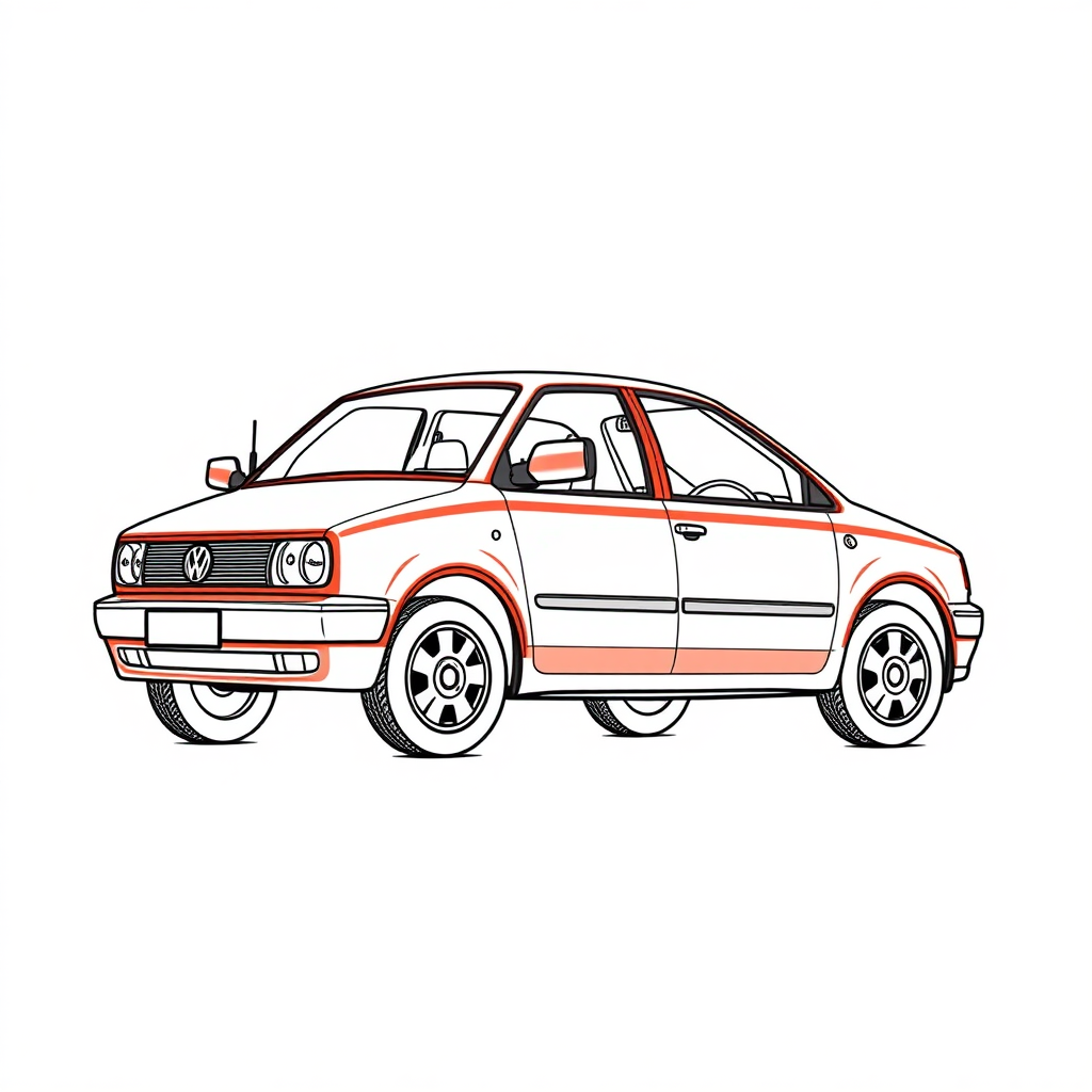 red vw polo II car, driver's door wide open, long establishing shot, 2D, caricature, cartoon, Sketch lines, coloring book, coloring book style on white background, well composed, clean coloring book page, No dither, no gradient, strong outline, No fill, No solids, vector illustration, realistic proportions, blueprint, left side view