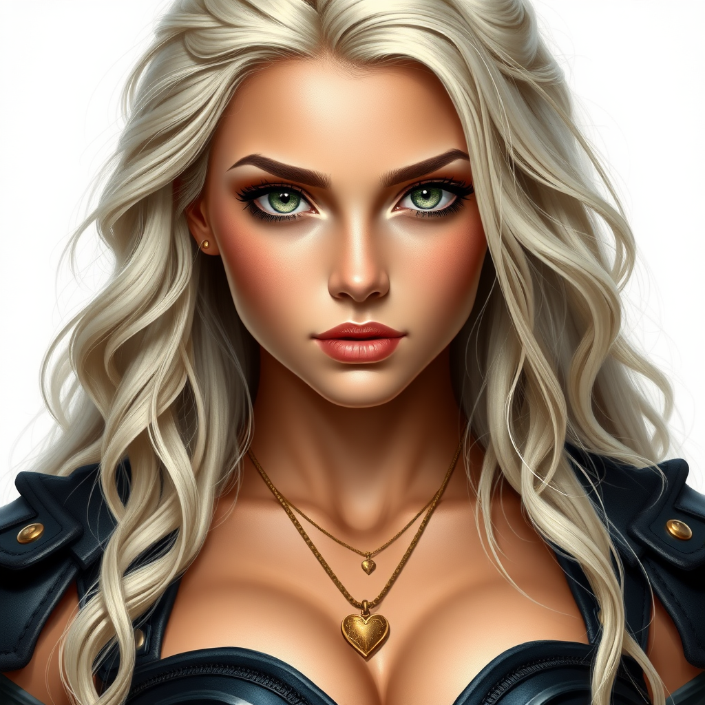 Portrait of a beautiful young woman with long wavy platinum blonde hair, green eyes, a suntan, light brown eyebrows, and large breasts. She is wearing black leather armor and a gold necklace with a small heart pendant.