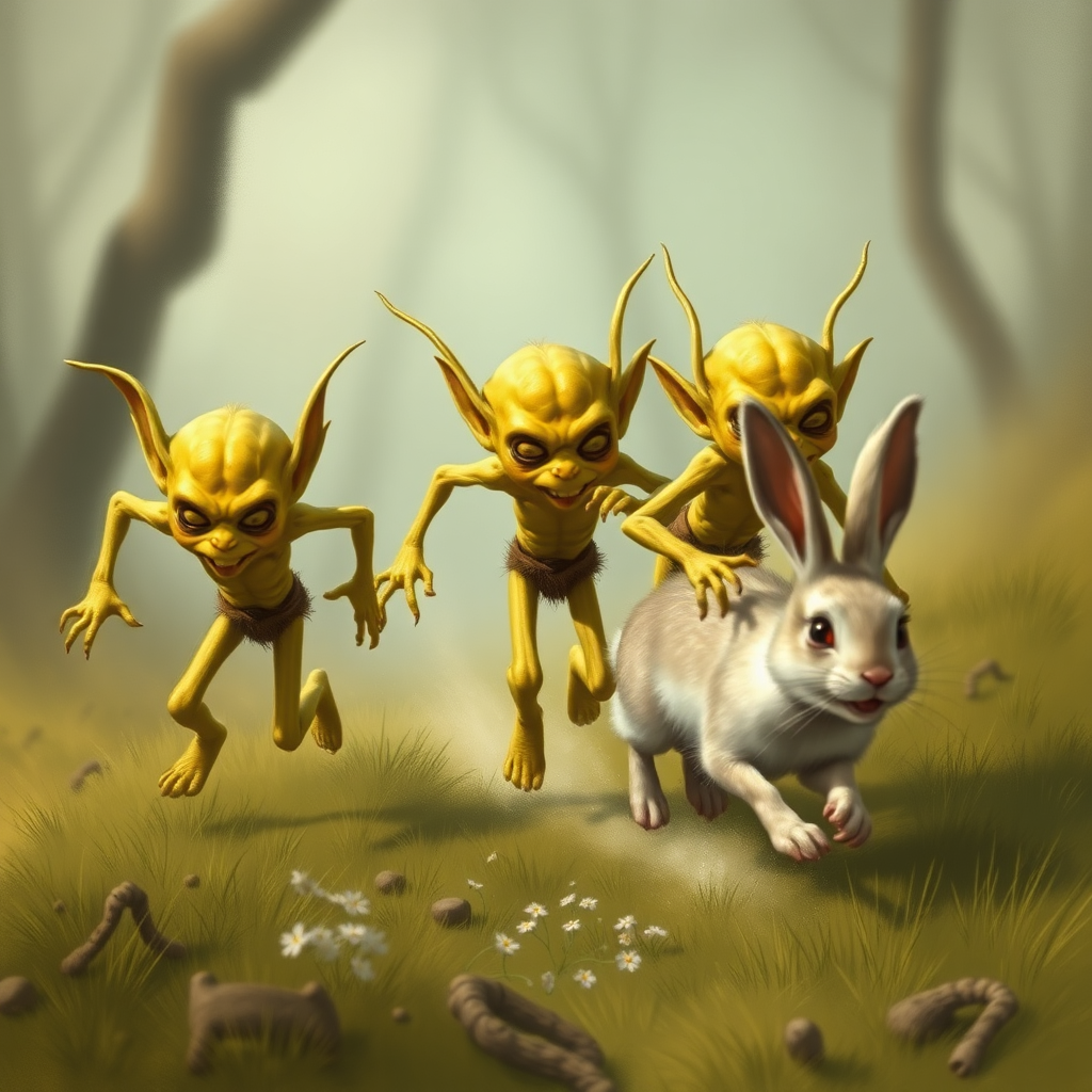 Several skinny, yellow goblins chasing after a fleeing bunny