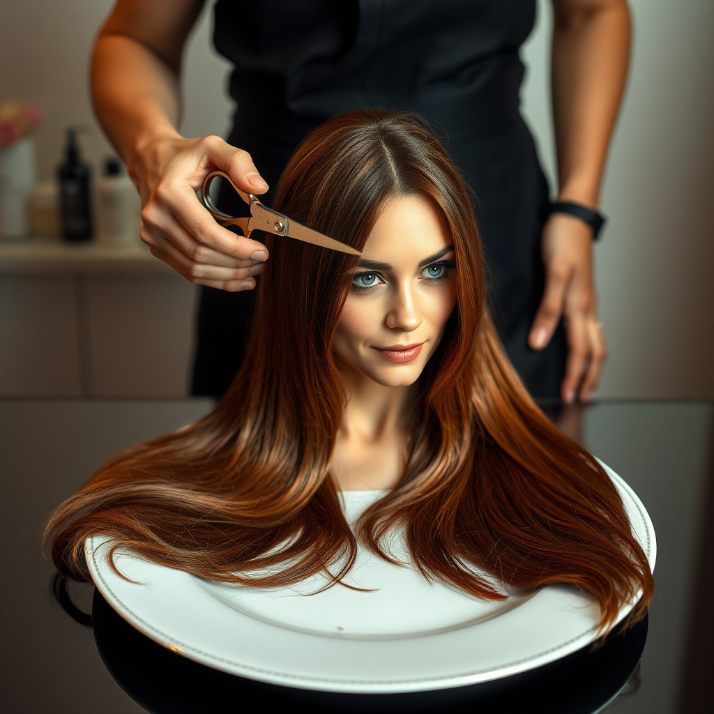 In a bizarre, surreal tableau, the polished surface of an elegant dining plate cradles the disembodied head of a strikingly beautiful Kate Middleton, her long, flowing hair cascading like a glossy waterfall of deep chestnut and honey highlights. The hair is luxuriously arranged, strands shimmering under the soft, ambient light that bathes the scene in an ethereal glow.

A skilled hairdresser, clad in a sleek black apron, stands poised with a pair of gleaming scissors, carefully trimming the endlessly luxurious locks that frame Kate's serene, almost ethereal features. The air is thick with the scent of salon products mingling with delicate hints of floral fragrances, creating an unusual yet strangely inviting atmosphere. The hairdresser's focused expression reveals a meticulous dedication as snippets of hair fall gracefully onto the pristine plate, echoing a sense of both artistry and absurdity.

The overall emotional tone conveys a dreamlike quality, inviting viewers to ponder the juxtaposition of beauty, identity, and the bizarre circumstances that bind them in this extraordinary moment.