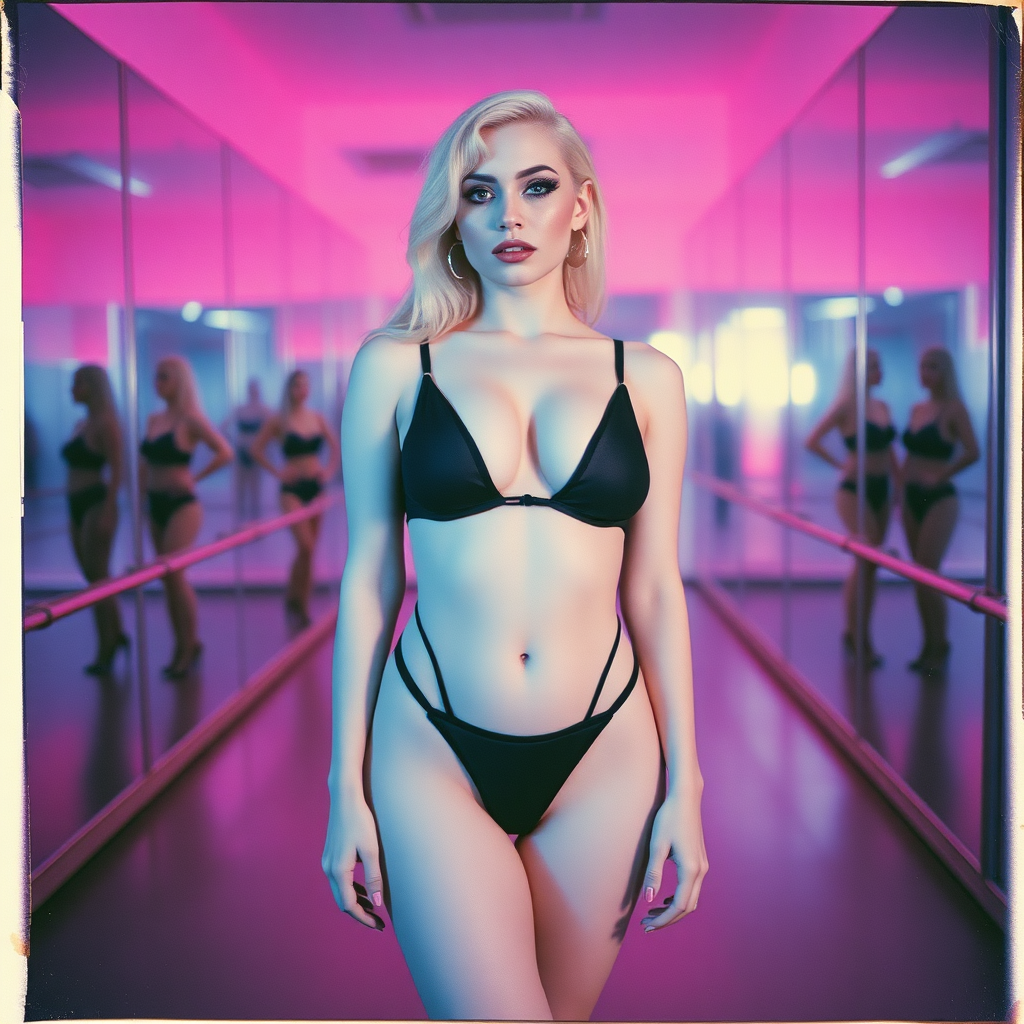 old polaroid photo with heavy vignetting and pink and blue artistic studio lighting color tint and light leak, depicting a sexy curvy thicc pale white alt goth girl with eye makeup, wearing a tiny revealing black see thru bikini gstring thong with a small outline of her labia and nipples visible, standing in a dance studio made entirely of mirrors