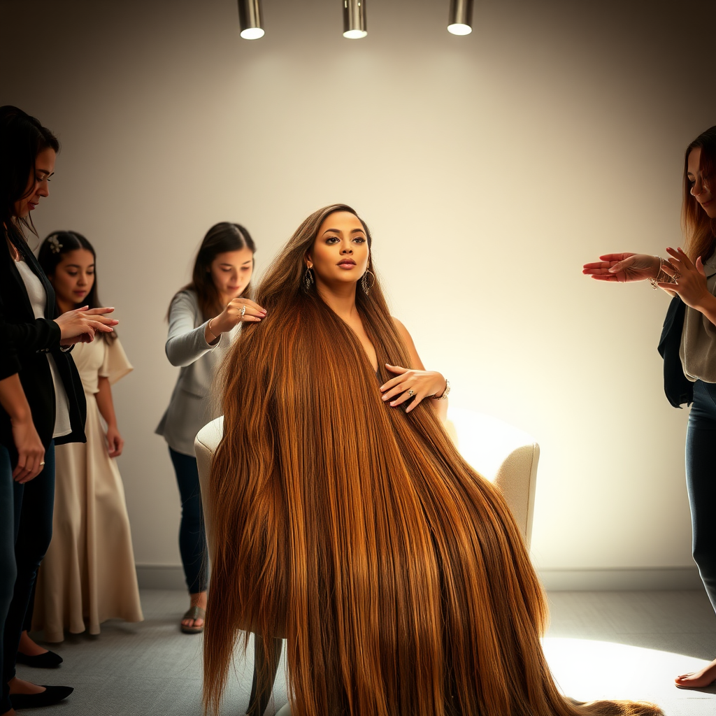 In an elegant, sunlit salon, adorned with soft, minimalistic decor, the stunning Beyoncé sits gracefully in a plush chair, her incredibly long, luxurious hair cascading like a flowing waterfall of silk down her shoulders and past her waist. The gentle glow of overhead lights highlights the rich, deep hues of her hair, each strand reflecting the brilliance of the space around her.

As an interactive long hair fetish performance art exhibit unfolds, curious visitors gather around, their eyes alight with fascination and excitement. Some eagerly reach out, gently grasping her hair between their fingers, feeling the smooth texture slip through their hands, while others playfully tug at it, testing the boundaries of their interactions. Each movement is accompanied by a symphony of soft gasps and murmurs of appreciation, enhancing the atmosphere of intimacy and connection.

The background is a simple, unobtrusive gray, allowing the artistry of the moment to take center stage. The air is charged with a sense of wonder and exploration, as visitors not only admire Beyoncé's hair but also engage in this tactile experience, deepening their understanding of the artistry behind her presence. Her expression is a mixture of serenity and playful engagement, reflecting her comfort and trust in this unique performance, ultimately creating a captivating scene where art and audience intertwine seamlessly.