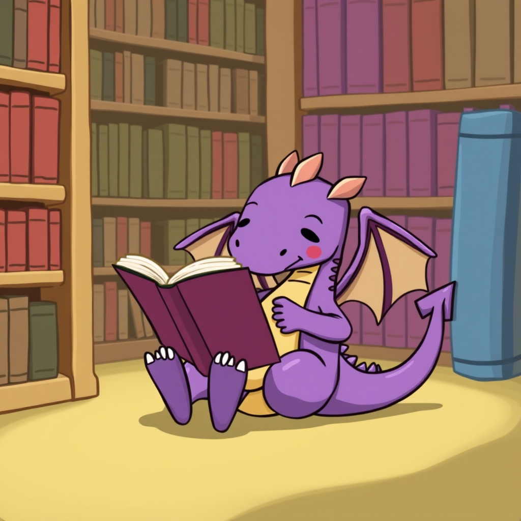 A lazy purple small dragon with two legs, two arms, and wings in a library reading from a large book.