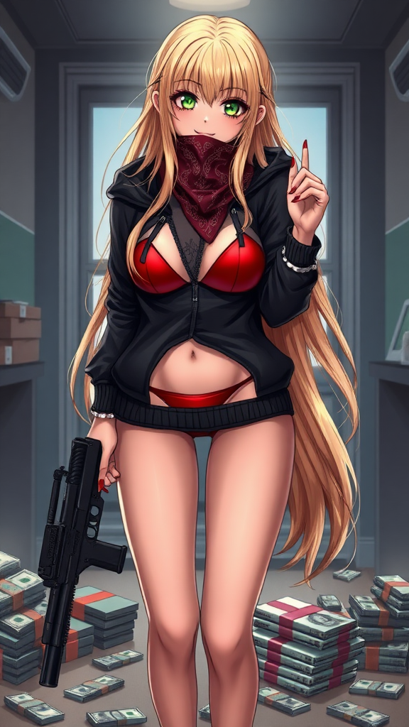 Anime, a sexy seductive and wicked long-blond hair, green-eyes with makeup eyelashes, wearing a black-dark swagger hoodie under a red-bikini and red-gstring thong, red-nails, wicked smile, holding glock-gun in left-hand, bags of cash on floor stolen, bandanna over mouth, standing up