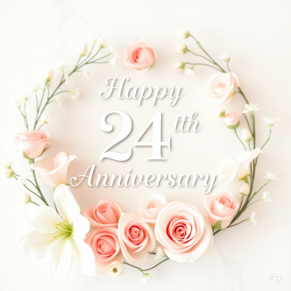 Create a soft, elegant wedding anniversary image, blending celebration and love. Include delicate flowers, such as roses or lilies, arranged around a message that reads: "Happy 24th Wedding Anniversary". The overall vibe should be warm, romantic, and joyous, capturing the essence of love and commitment over the years.