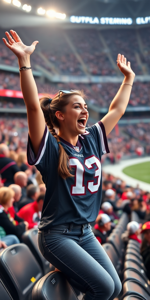 Very attractive female NFL fan, pigtail hair, jersey, hollering, arms raised, jumping inside crowded bleacher, NFL stadium