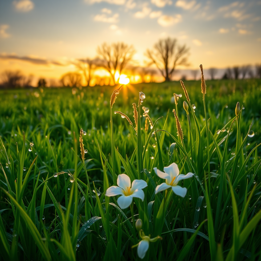 A BEAUTIFUL SPRING LANDSCAPE AT SUNRISE WITH THE IMAGE OF CLOTHES, THE FLOWERS IN THE GRASS AND WITH WAVES OF MORNING DEW.