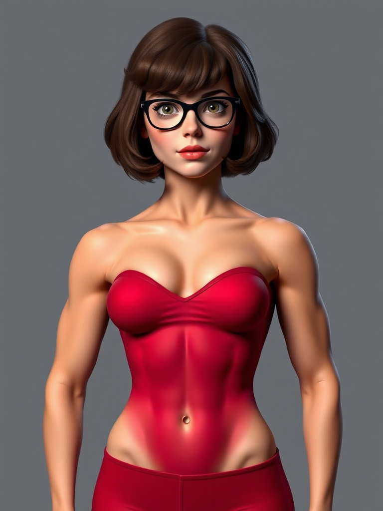 Generate a full-length hyper-realistic render of Velma Dinkley. Instead of her usual build, depict her with a muscular physique reminiscent of a chiseled superhero - defined muscles and a V-shaped torso. Retain her original head features. Adjust the silhouette accordingly to reflect these changes. Set the character against an appropriate background.