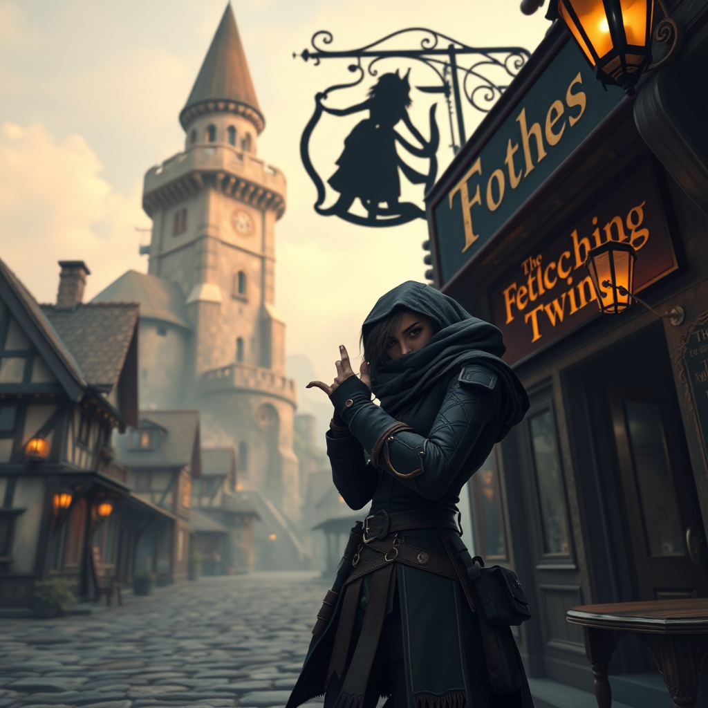 A wide distance shot of a female thief in a fantasy village. She is making a rude gesture towards someone. Mage tower in the background. Bar called "The Fetching Twins" sign (consisting of a silhouette of two women leaning together for a kiss).