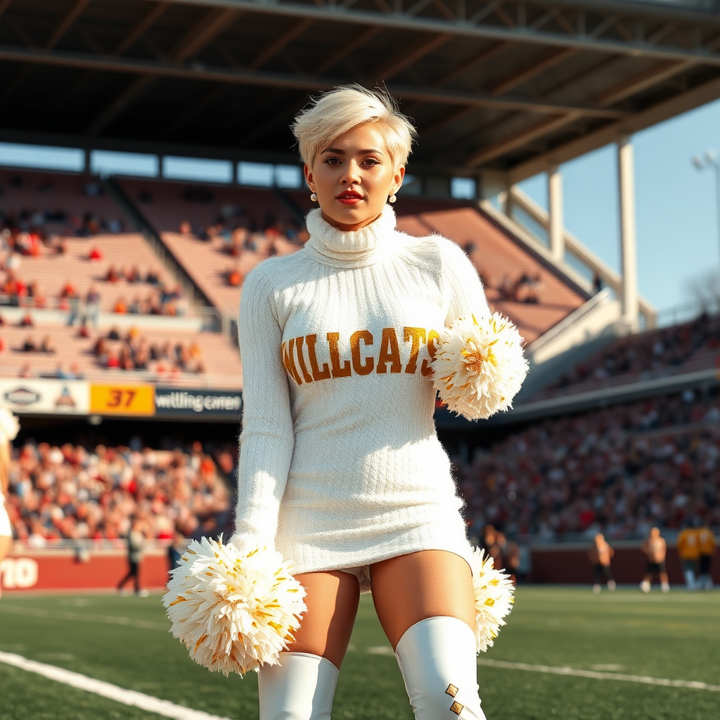 Sunny cold fall noon, college football stadium game, cheerleaders cheering for the home team: Ana, European 17 years old very convincing femboy “QB’s trophy-bimbo”, tamed servile docile, very beautiful feminine flawless face, rather short boyish figure, platinum blond short tight curls, bold red lips, heavily made-up face, wearing Supertanya-style chunky fluffy very fuzzy bright white plushy mohair figure-hugging turtleneck-knitdress with “gold “WILDCATS” letters, white vinyl thigh-high boots with golden heels white furry trimming, large gold-white pompoms, pearl earrings, leaning forward presenting her assets to irritate visitor team.