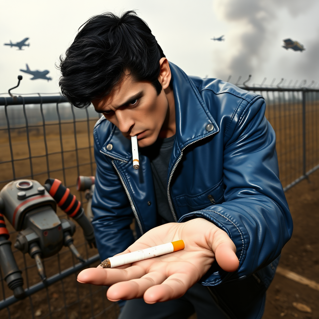 1950s greaser in blue leather jacket with black hair.

There is a cigarette hanging from greaser's lips.

Greaser is hunched forward looking grimly down at his open palm where there is another unlit cigarette lying flat.

Fence in background.

Beaten up robots laying around fence.

Flying cars and smoke in sky.

Dirty. Bleak.