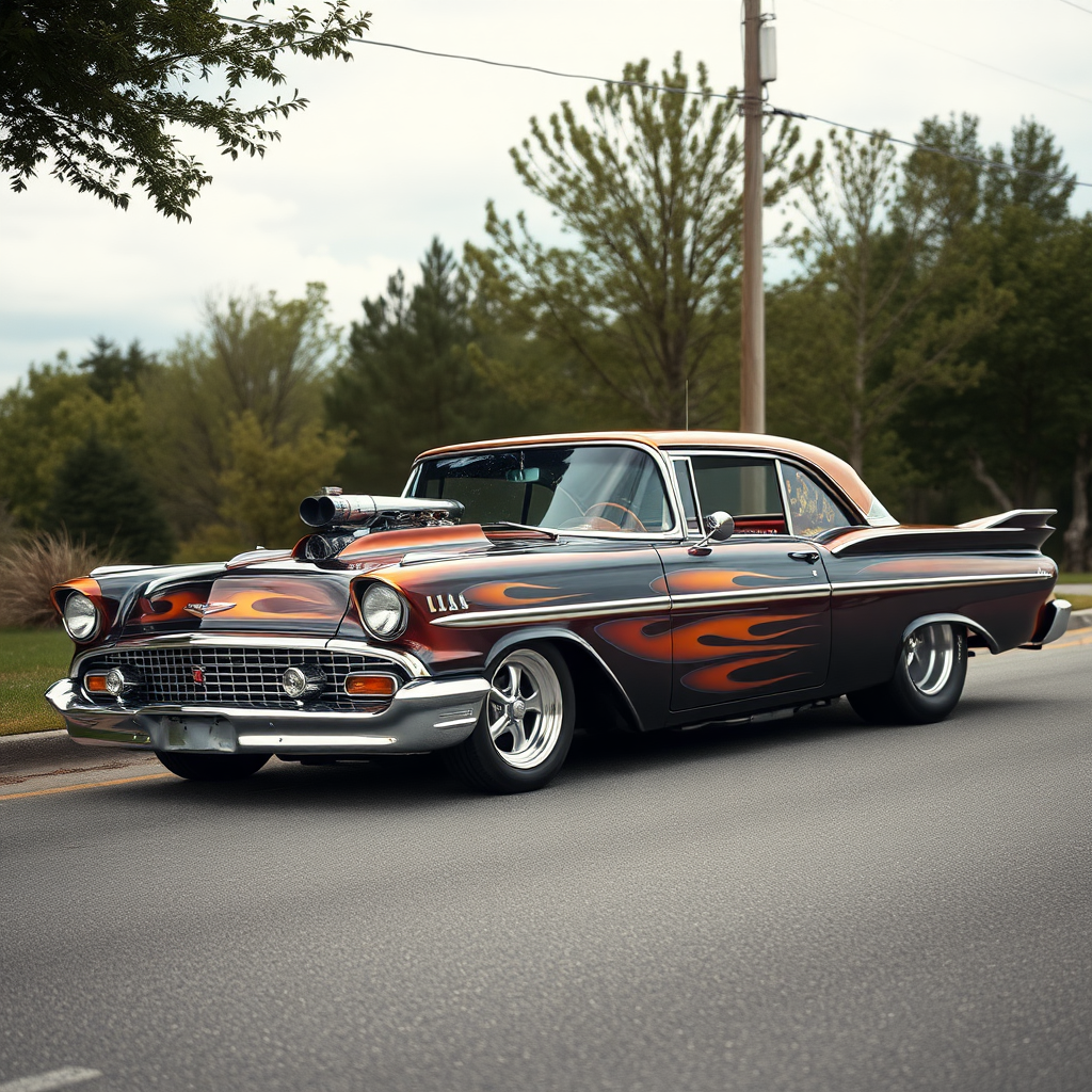 the drag car is parked on the side of the road, inspired by Taiyō Matsumoto, tumblr, restomod, nd4, c4 metallic shine classic american low rider custom paint ford