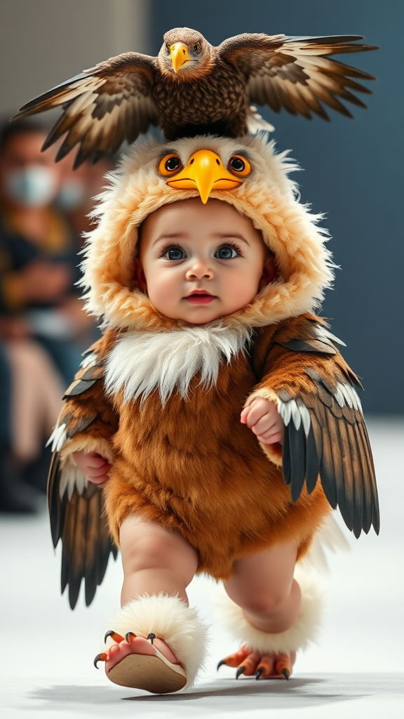 A cute small chubby fair baby with big eyes, pink lips, and pink cheeks, wearing a furry cozy eagle costume, doing a ramp walk in a fashion show, walking with a real eagle, with a cinematic eagle sitting on the baby's head.