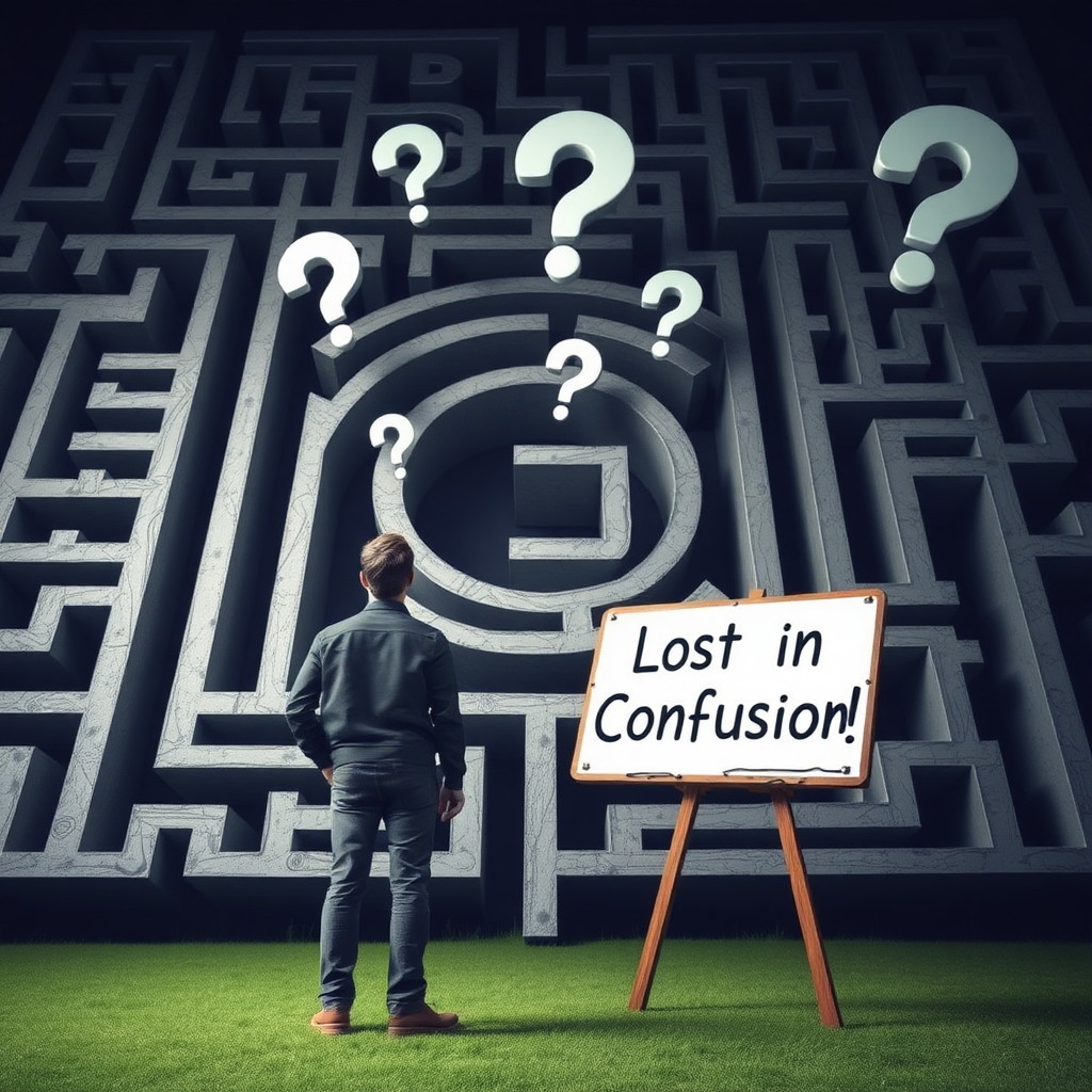 An imaginative scene showing a person standing in front of a giant, intricate maze with question marks floating above their head, while a sign reads, "Lost in Confusion!"