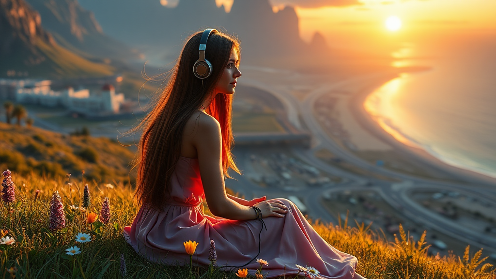 pretty azian woman long hair, pretty dress, sit on the grass with flowers, with headphone, alien planet, aliens buildings, with nice greenery flowers and rivers, beach, nice sunset, highways and streets, ultra realistic view high detail