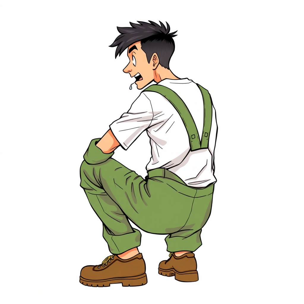 nervous small 15 year old european skinny man, long sleeves green rolled down coveralls, tense fabric, white t-shirt, squatting, stunned, mesmerized, joyful, heavy drooling, side view, safety shoes, detailed feet, 2D, caricature, cartoon, Sketch lines, coloring book, coloring book, side rear view