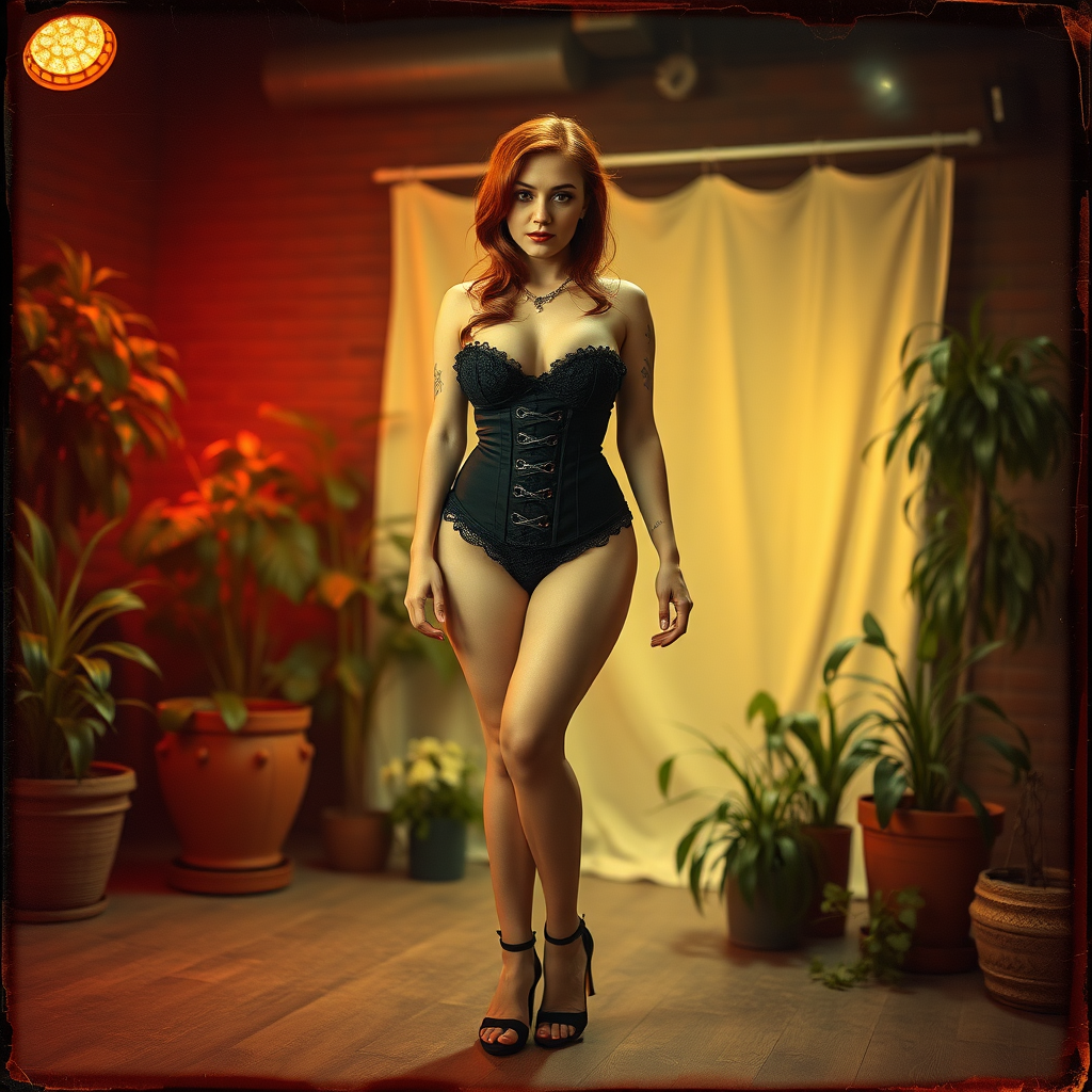 Scan of old photograph with visible wear and heavy vignetting and cracking with color tint and light leak depicting a sexy curvy thicc alt goth girl with red hair and freckles wearing a garter belt and high heels with revealing black lace corset, standing facing the viewer in a photography studio with artistic lighting filled with plants