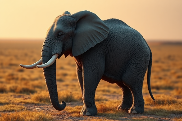 Create a full-length photorealistic image of an elephant shaped like a mouse, maintaining the elephant's fully intact head and features. The body should reflect the framework and silhouette of a mouse, blending the two sizes seamlessly. Skin texture resembles that of an elephant while fur mimics the softness of a mouse. Background draws inspiration from both animals, incorporating elements of their natural habitats, such as grassy plains and cozy burrows. Ensure the lighting is warm and inviting, highlighting the unique features of this imaginative creature.