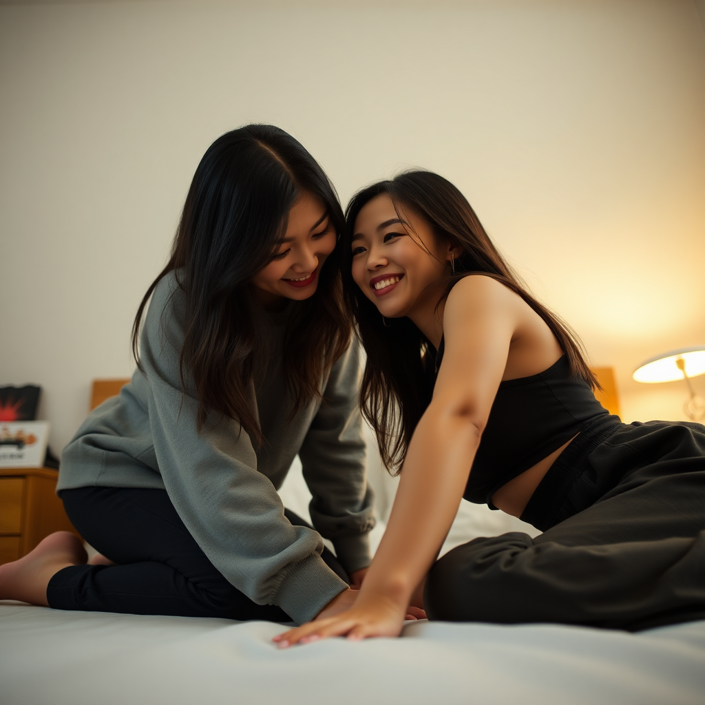 photo low angle full body shot beautiful xiaomeimei smiles looking down. She is kneeling on the bed reaching for a 3-inch man