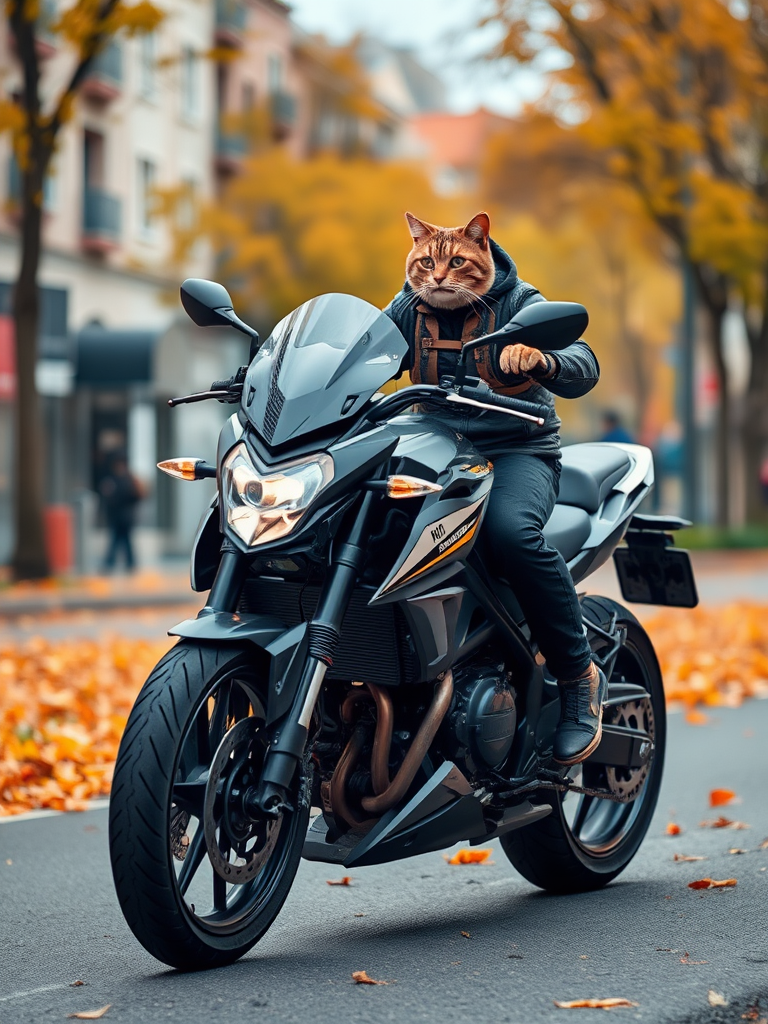 Character: A cat rides a superb 2050 model highly powerful motorcycle. Background: urban autumn street. Camera: the general plan, smooth camera impact on the character. --ar 9:16 --style raw --stylize 300 --v 6.1