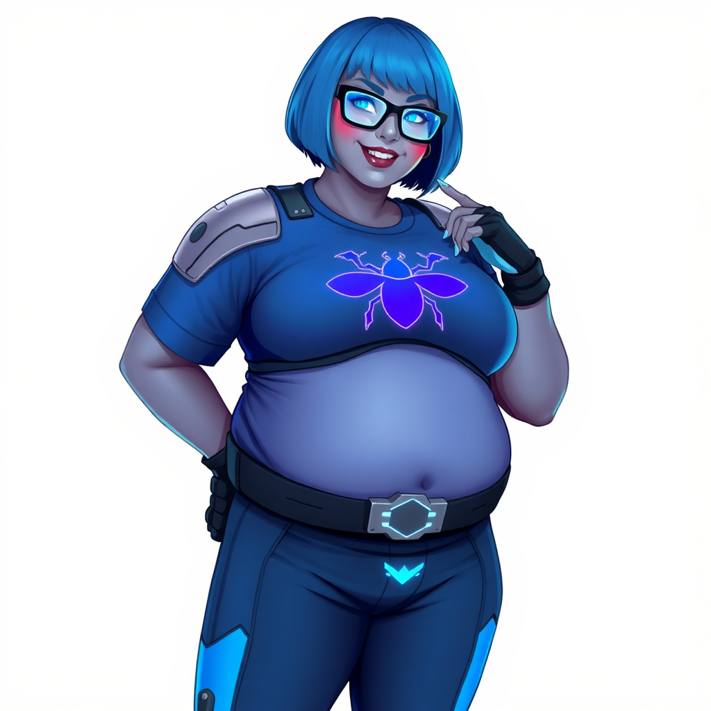 A 28-year-old, full-figured, metallic middle gray skinned, computer program hybrid with a maximum blue bob cut. She has a non-athletic, full-figured build, highlighted by a prominent, round, large midsection (with full emphasis on her large belly). As the full-figured, nerdy, digital sidekick to her cyberpunk vigilante boyfriend, her metallic middle gray skin and maximum blue lipstick emphasize her digital nature. She wears a digital, computerized costume inspired by DC’s Carrie Kelly Robin, consisting of a huge, tight-fitting, maximum blue t-shirt with a neon blue glowing chest icon of a beetle, hi-tech shoulder pads with neon blue accents, a black hi-tech belt with a digital neon blue glowing buckle, digital maximum blue pants with neon blue accents, and black hi-tech fingerless biker gloves with neon blue glowing accents. Her bright blue eyes, black eyeglasses with glowing neon blue lenses with a built-in HUD, and shy smile with neon red blush accentuate her nerdiness. She stands bashfully with one hand behind her back and the other hand gently touching her cheek, her costume covering all her skin and emphasizing her full-figured physique (especially her belly). She is clearly non-athletic, with a heavy focus on her large belly. Despite her build, she radiates beauty. She has a slim face compared to her physique, accentuating her radiant beauty. She is on a solid white background. She is drawn as if she were in a retro 2D cyberpunk fighting game.