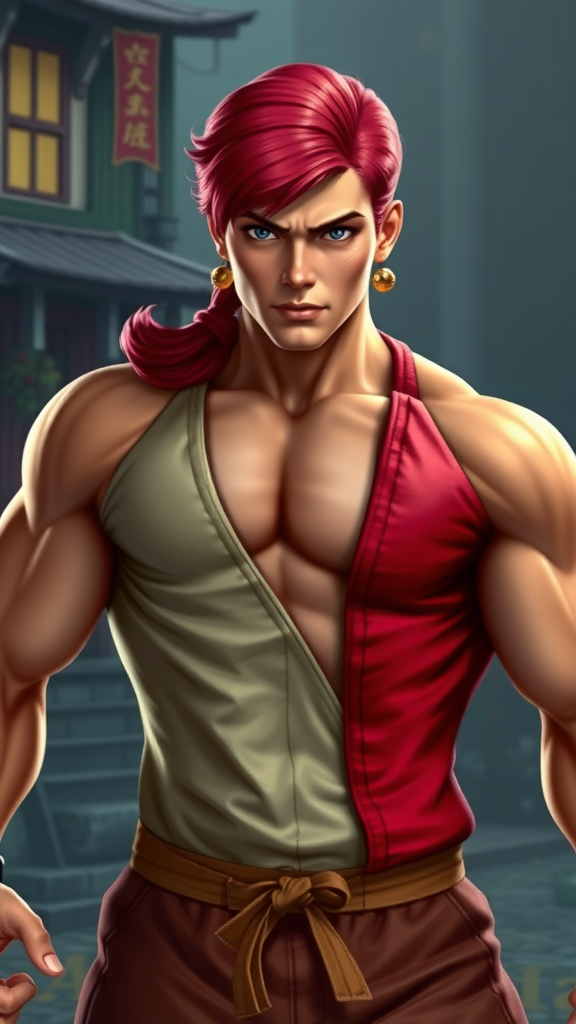 Create a full-body photorealistic render featuring Daphne Blake's head on a male figure resembling Ryu from Street Fighter. Adapt her classic costume to fit this muscular form. The background should blend elements from Daphne's mystery-solving settings with Ryu's martial arts environments. Emphasize a seamless combination of both characters' iconic styles, ensuring the scene captures the essence of mystery and combat.