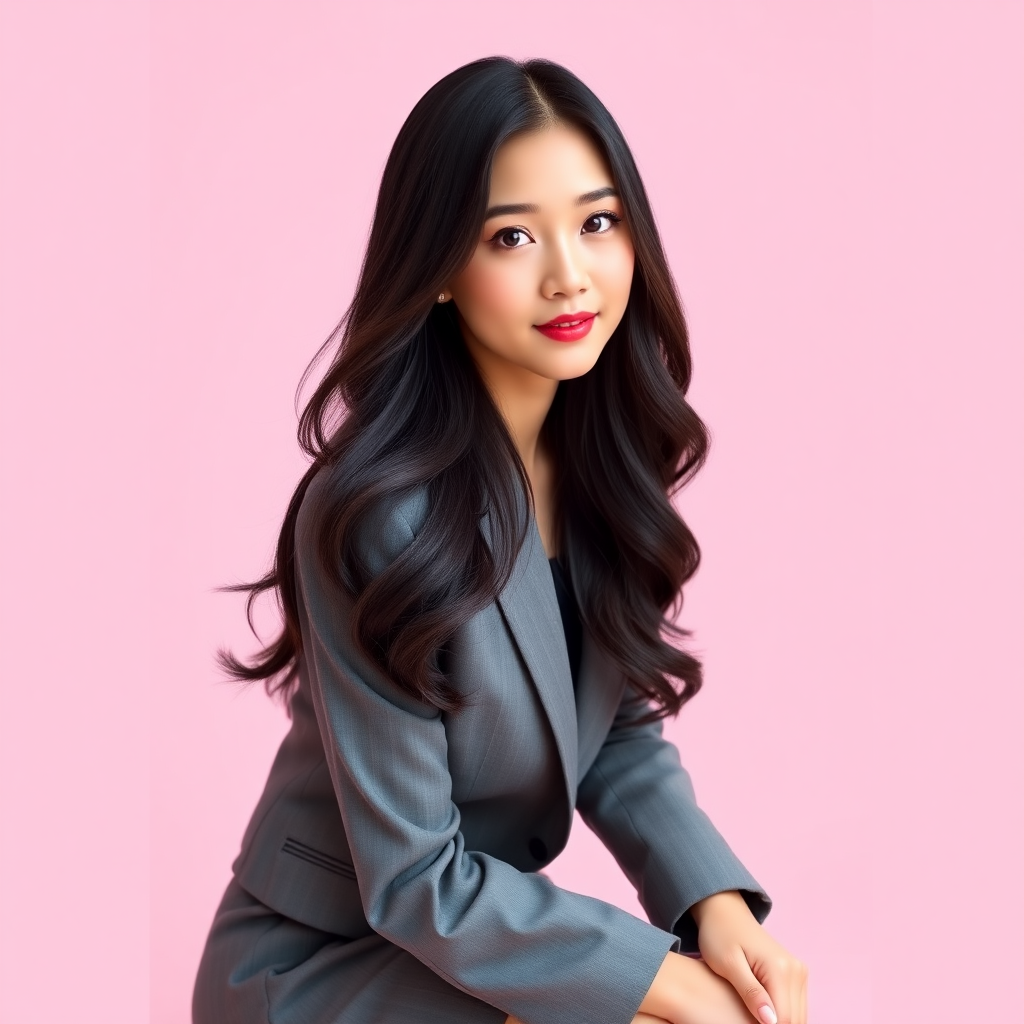 Asian portrait. A young woman, possibly twenty-five years old, with long, wavy black hair and fair skin, is kneeling in front of a light pink background. She has lovely eyes and is looking towards the camera. She is wearing a business-style professional suit. It's a half-length photo exuding fashionable charm.