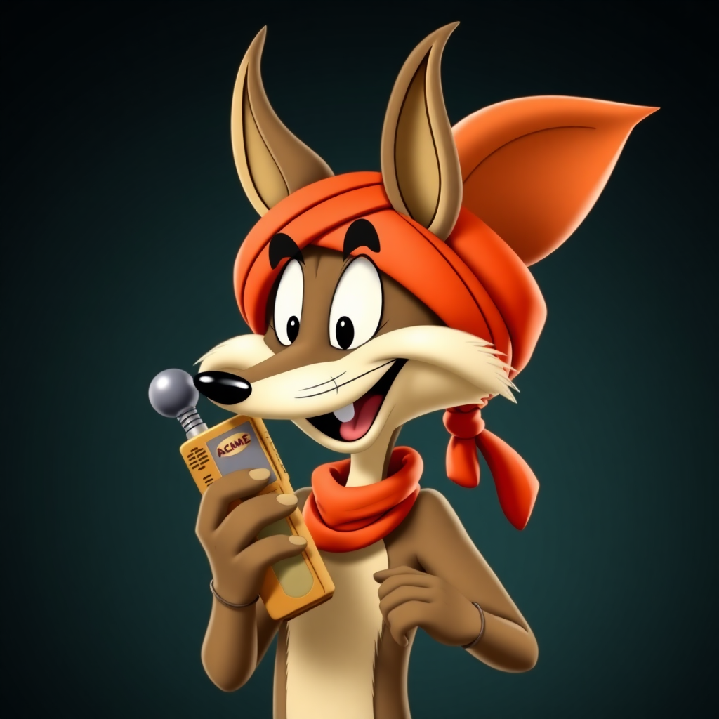 Wile E Coyote, wearing a turban, holding a beeper that is branded Acme