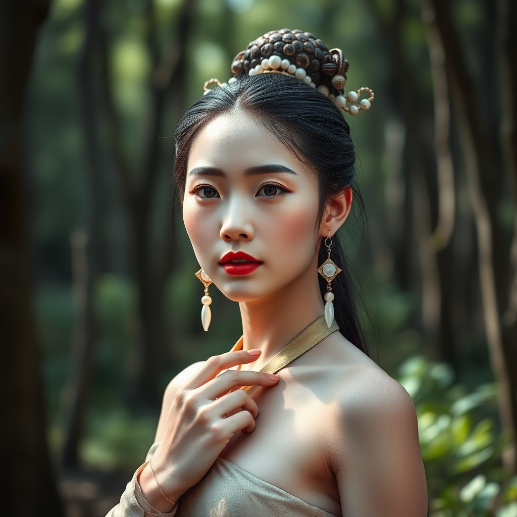 A Chinese ancient woman is wearing silk shoes. On her head is tortoiseshell jewelry. Around her waist is a plain silk strap. She has earrings made of moon pearls. Her fingers are extremely slender and white, just like sharpened scallion roots. Her lips are rosy red, as if she has vermilion on them. Vividly presenting her beauty, elegance and dignity. The image should be highly realistic, with fine details and lifelike textures. The colors should be natural and vivid, enhancing the overall sense of authenticity. nude.full body.standing in the forest