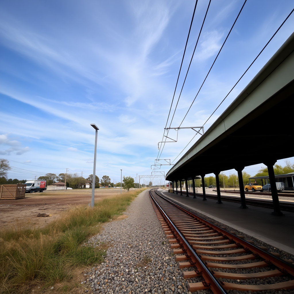 create an image for me with the sky, a vacant lot, and train tracks viewed from the side