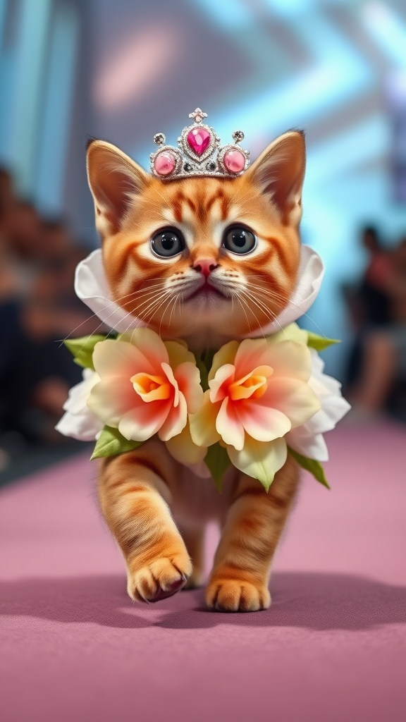 A little chubby cat with big eyes and a pink nose walking on two paws, wearing a real flower costume and a beautiful crown, doing a ramp walk in a fashion show.