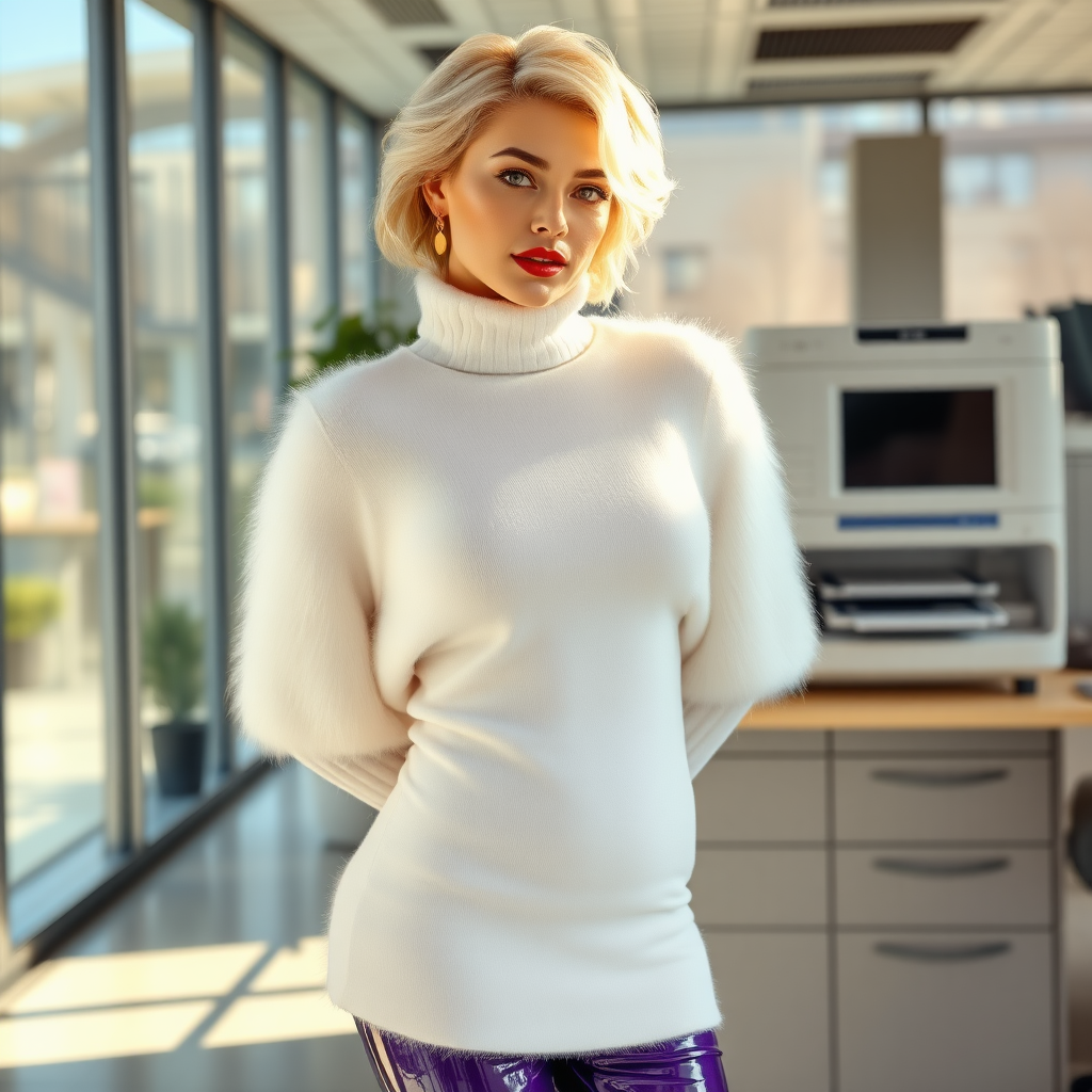 Sunny spring morning, modern glass-steel-concrete office, standing gracefully at Xerox: Nina, 17 years old very convincing trainee-femboy, tamed servile docile, very beautiful feminine flawless face, rather short, by hormones very curvaceous womanly figured, platinum blond short tight curls, French nails, bold red lips, heavily made-up face, wearing Supertanya-style fluffy very fuzzy bright white angora thigh-length figure-hugging turtleneck-poncho very tight thick hemline, opaque pantyhose, purple shiny vinyl boots with golden high heels, gold earrings, hands tied behind back, seductively looking at camera. Focus on face and turtleneck-poncho.