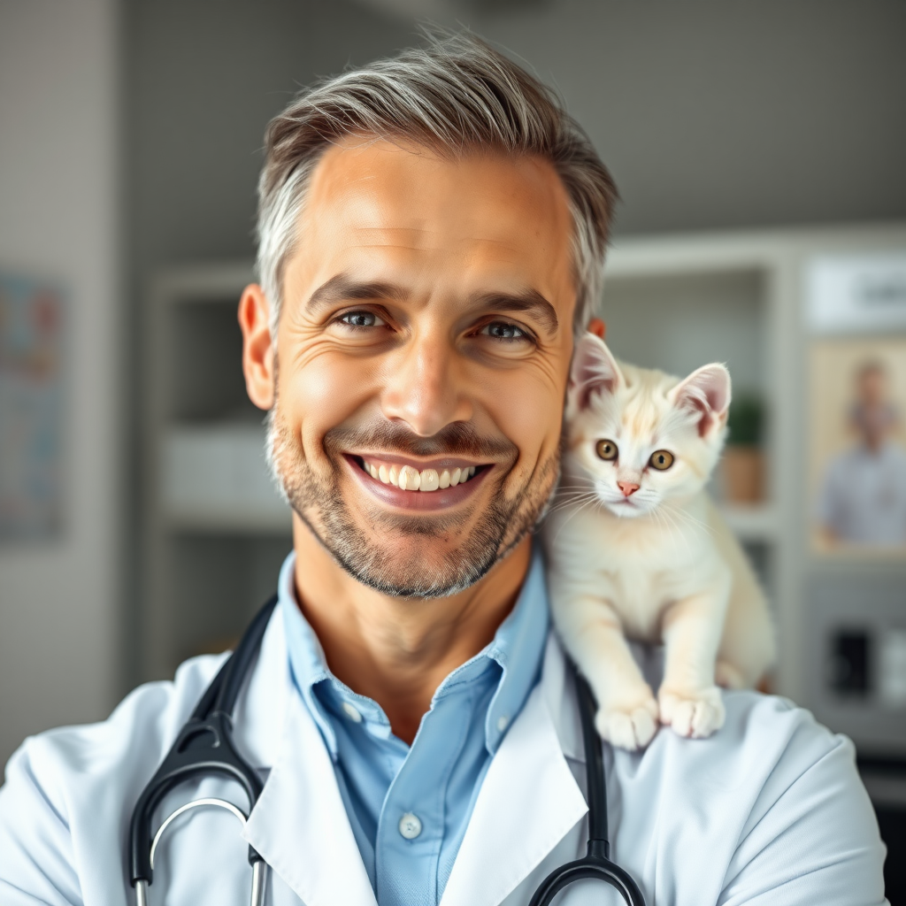 a 57yo handsome swiss doctor, very reliable look, on his studio, nice smile, really professional look, extremely photorealistic image, no rings. there is an handsome insanely cute little white kitten on the doctor's shoulder, extremely realistic, the teeth are stunningly clean and white.