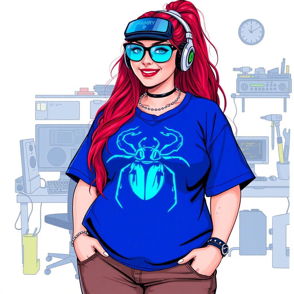 A cyberpunk vigilante’s full-figured intelligent and tech-savvy 29-year-old girlfriend, who is a computer hacker and tech genius. She has a long ruby red ponytail and bright blue eyes. She wears a sapphire beetle gemstone necklace, and an oversized maximum blue t-shirt featuring a giant neon blue glowing icon of a beetle on its chest. She has a full-figured physique with a prominently, gargantuan, well-rounded midsection, reflecting her well-cared-for lifestyle. She sports a sapphire headset with hi-tech maximum turquoise lensed HUD visor, black eyeglasses, and a beaming smile with a passionate bright red blush. Despite her figure and a lack of self-esteem, she radiates an air of beauty. She has a slim face which contributes to her radiant beauty. She serves as his tech expert from his hideout, diligently working at her workshop with a computer desk and tool bench. The background is solid white. She is drawn as if she was in a retro 2D cyberpunk fighting game. Ensure her shirt covers her midsection.