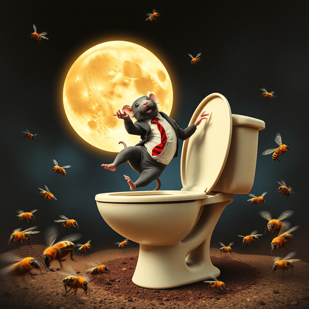 A rat politician diving off the moon into a toilet, bees, 70s musical movie poster, no text