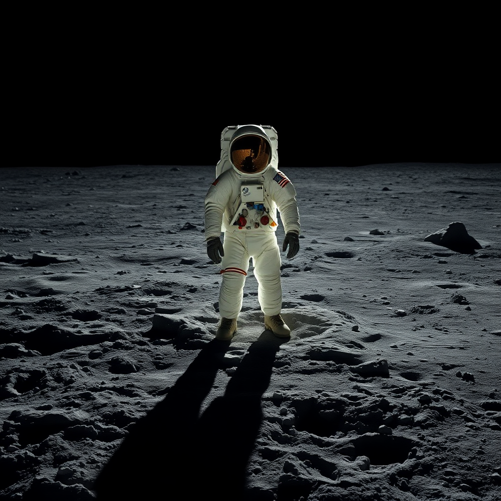 Astronaut standing on the moon's surface under a stark black sky, the scene evokes a hyper-realistic aesthetic. The textured gray lunar soil is scattered with footprints, showcasing a sense of exploration and isolation. The astronaut's suit is detailed, featuring the American flag and various tools attached to the suit, reflecting the sun's light in a luminous, metallic sheen. Deep shadows elongate across the surface, creating dramatic contrasts with the bright highlights of the suit and surrounding dust. Surrounding features include scattered rocks and a distant horizon, enhancing the otherworldly atmosphere. Overall, the color palette comprises muted grays, blacks, and subtle highlights of white and gold, emphasizing the desolation and beauty of the lunar landscape.