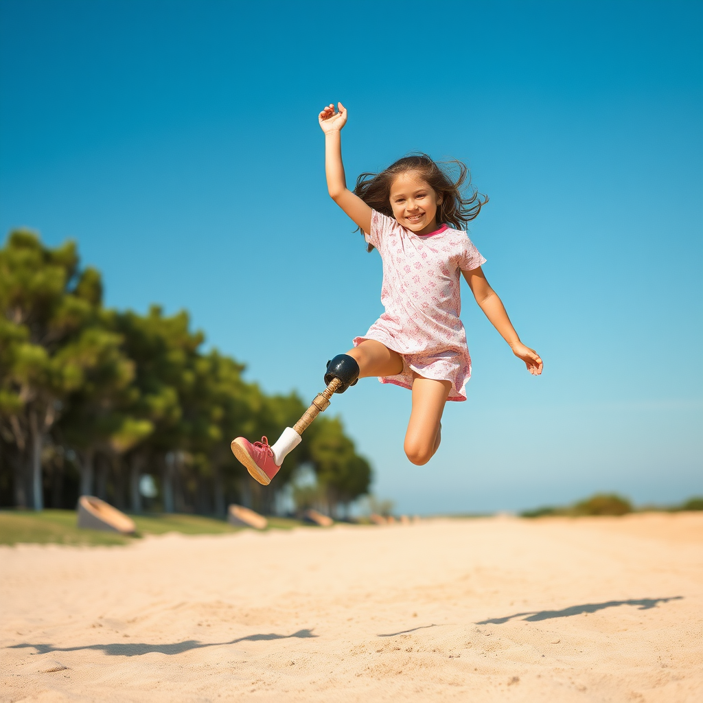 A girl with a leg amputation, jumping, clear residual limb.