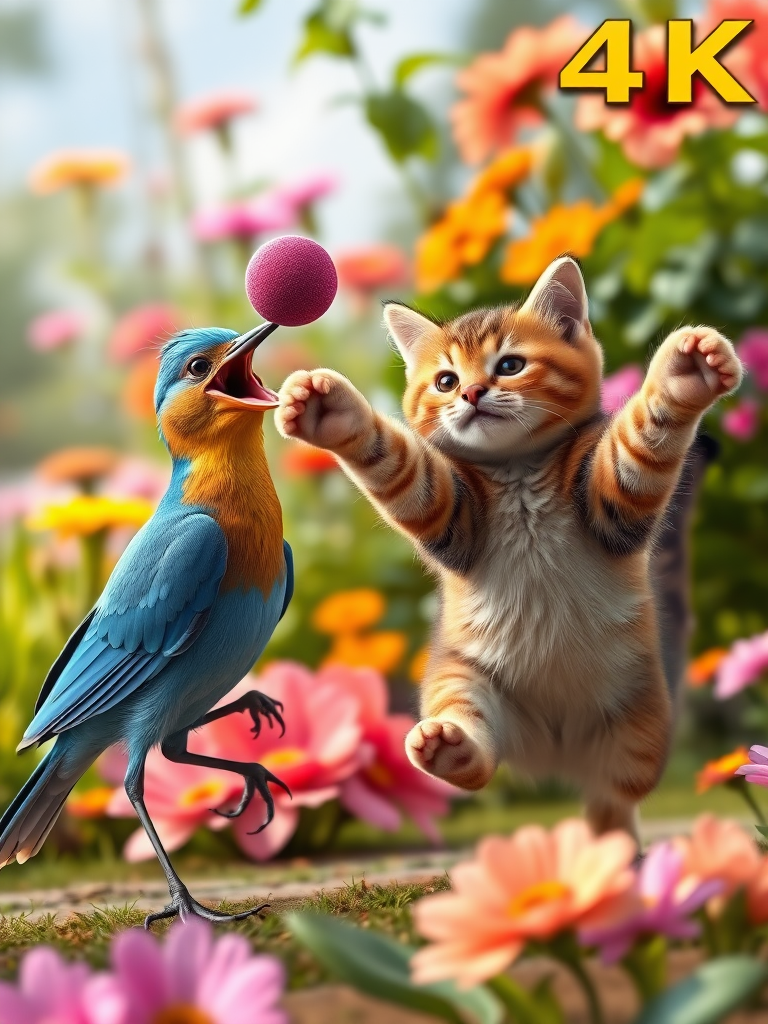 A realistic 4K scene depicting a Blue Bird joyfully holding a lost ball in its beak, having finally found it. Nearby, a Brown Cat is leaping with excitement, its expression filled with happiness. The colorful garden backdrop features vibrant flowers and lush greenery, capturing the celebration of their friendship and the thrill of the moment.