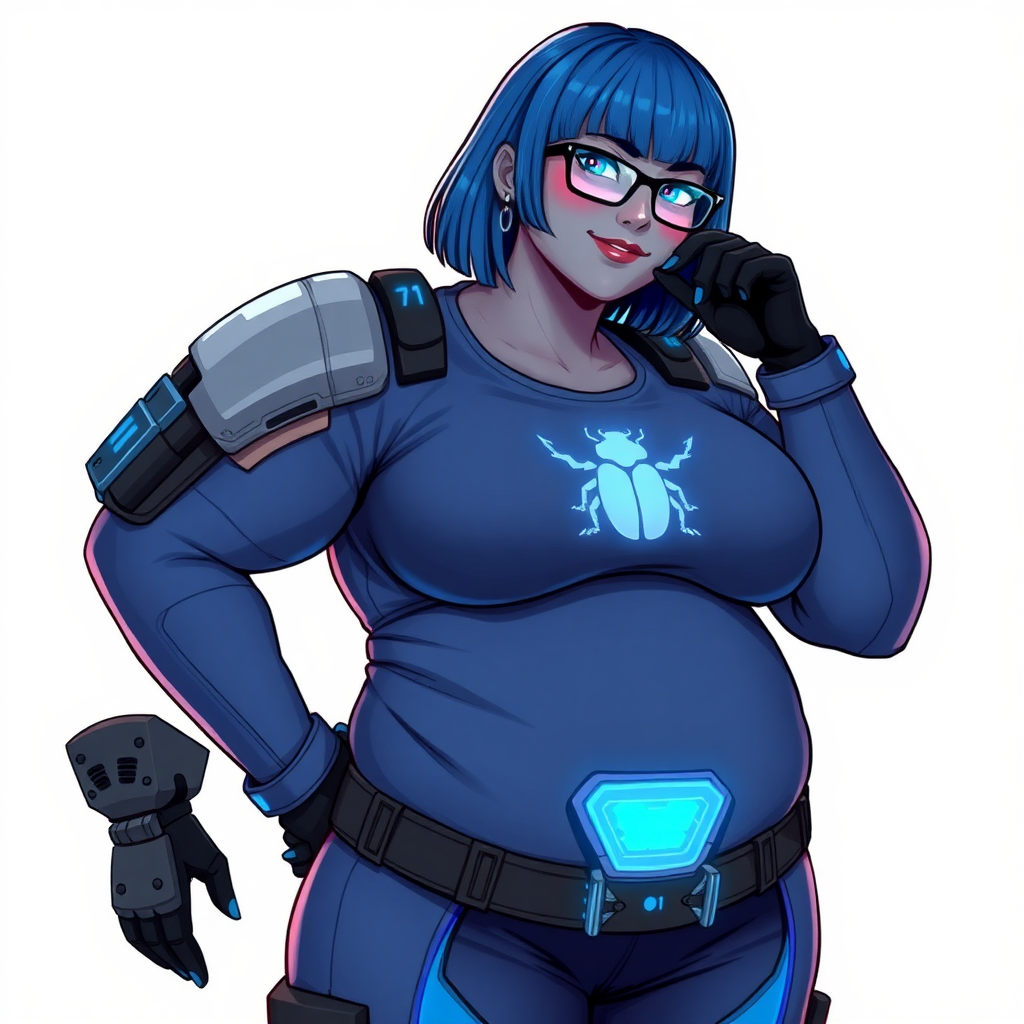 A 28-year-old, full-figured, middle gray skinned computer program hybrid with a maximum blue bob cut. She has a non-athletic build, highlighted by a prominent, round, large midsection (with emphasis on her belly), reflecting her new eating habits. As the full-figured, nerdy, digital sidekick to her cyberpunk vigilante boyfriend, her middle gray metallic skin and vibrant blue lipstick emphasize her digital essence. She wears a high-tech, computerized costume, consisting of a large, tight-fitting, maximum blue t-shirt with a neon blue glowing chest icon of a beetle, advanced shoulder pads with neon blue accents, a black high-tech belt with a digital neon blue glowing buckle, digital maximum blue biker pants with neon blue accents, and black high-tech biker gloves with neon blue glowing accents. Her neon blue glowing eyes, black eyeglasses with a neon blue glowing HUD built into the lenses, and shy smile with neon red blush accentuate her nerdiness. She stands bashfully with one hand behind her back and the other hand gently touching her cheek, her costume covering all her skin and emphasizing her full-figured physique (especially her belly). She is clearly non-athletic, with a focus on her full-figured physique. Despite her build, she radiates beauty. She has a slim face compared to her physique, accentuating her radiant beauty. She is on a solid white background. She is drawn as if she were in a retro 2D cyberpunk fighting game.