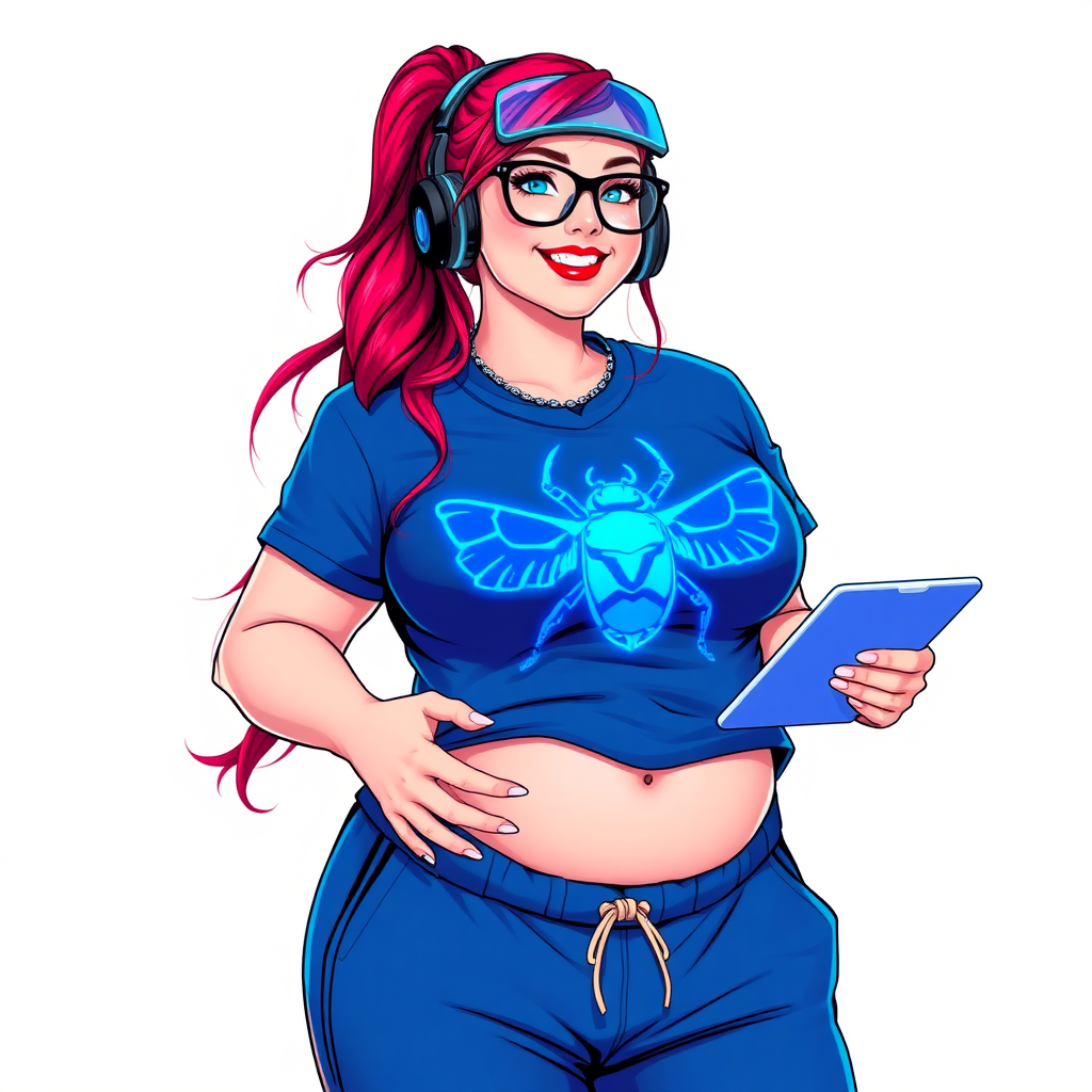 A cyberpunk vigilante’s full-figured intelligent and tech-savvy 29-year-old girlfriend, who is a computer hacker and tech genius. She has a long ruby red ponytail and bright blue eyes. She wears a sapphire beetle gemstone necklace, an oversized Maximum Blue (RGB 71, 171, 204) t-shirt featuring a giant neon blue chest icon of a winged beetle, and matching Maximum Blue sweatpants. She has a full-figured physique with an enormous, well-rounded midsection, reflecting her well-cared-for lifestyle. She sports a sapphire headset with a hi-tech Maximum Blue (RGB 71, 171, 204) lensed HUD visor, Maximum Blue (RGB 71, 171, 204) lipstick, black eyeglasses, and a beaming smile with a passionate bright red blush. Despite her figure and a lack of self-esteem, she radiates an air of beauty. She has an angular face which contributes to her radiant beauty. She serves as his tech expert from his hideout, holding a holographic tablet and a hi-tech tool wrench. The background is solid white. She is drawn as if she was in a retro 2D cyberpunk fighting game. Make sure her outfit covers her midsection.