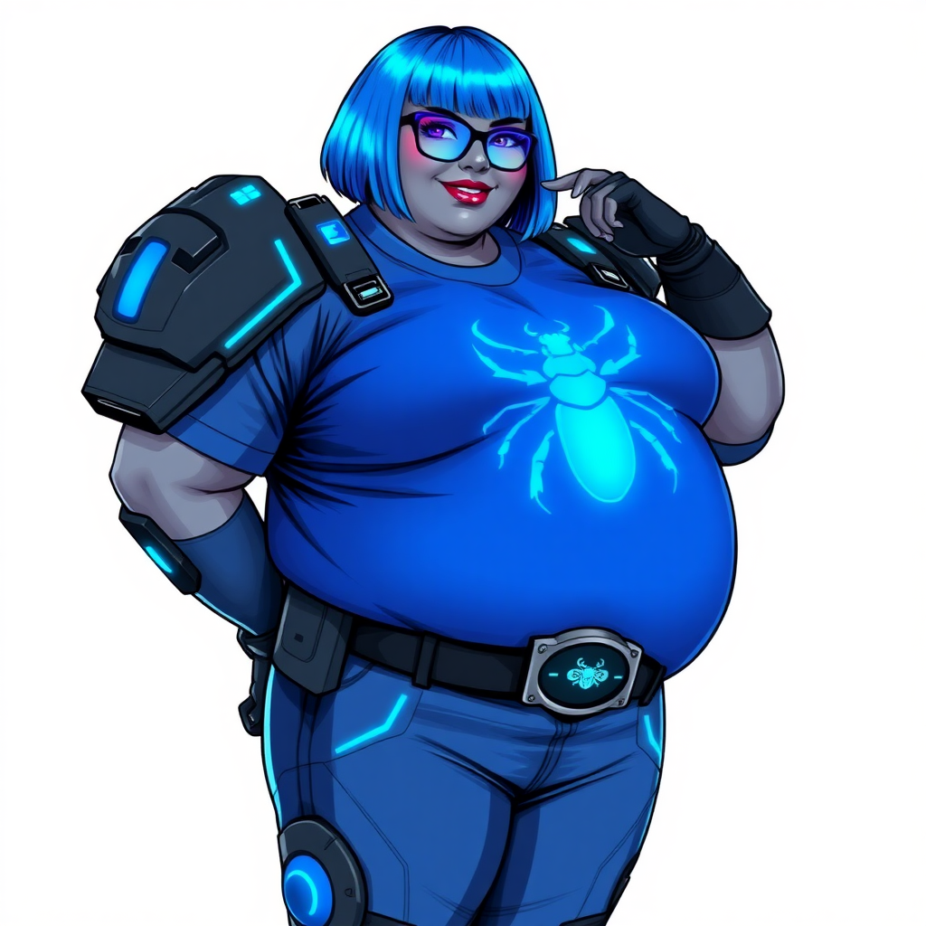 A 28-year-old, full-figured, metallic middle gray skinned computer program hybrid with a vibrant maximum blue bob cut. She has a non-athletic build, highlighted by a prominent, round, large midsection (fully emphasizing her round large belly) while being covered by her large t-shirt, reflecting her new junk food eating habits influenced by her boyfriend. As the full-figured, nerdy, digital sidekick to her cyberpunk vigilante boyfriend, her middle gray metallic skin and maximum blue lipstick underscore her digital essence. She dons a digital, computerized outfit: a large, tight-fitting, high-tech, maximum blue t-shirt with neon blue glowing beetle themed accents complete with a giant neon blue glowing beetle icon on the chest, hi-tech shoulder pads with neon blue accents, a black hi-tech belt with a digital sapphire beetle buckle, digital maximum blue pants with neon blue accents, and black hi-tech gloves with neon blue glowing accents. Her neon blue glowing eyes, black eyeglasses with neon blue lenses equipped with a built-in HUD, and shy smile with neon red blush highlight her nerdiness. She stands bashfully with one hand behind her back and the other gently touching her cheek, her outfit covering all her bare skin and fully emphasizing her full-figured physique (especially her large belly). She is clearly non-athletic, with a heavy focus on her full-figured physique (with full emphasis on her large belly). Despite her build, she radiates beauty. Her slim face contrasts with her physique, accentuating her radiant beauty. She is set against a solid white background. She is drawn as if she were in a retro 2D cyberpunk fighting game.