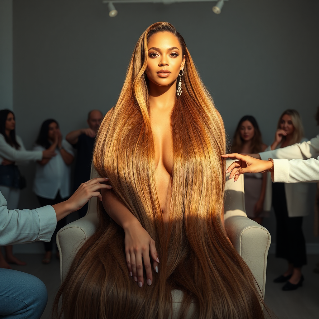 In an elegant, sunlit salon, adorned with soft, minimalistic decor, the stunning Beyoncé sits gracefully in a plush chair, her incredibly long, luxurious hair cascading like a flowing waterfall of silk down her shoulders and past her waist. The gentle glow of overhead lights highlights the rich, deep hues of her hair, each strand reflecting the brilliance of the space around her. 

As an interactive long hair fetish performance art exhibit unfolds, curious visitors gather around, their eyes alight with fascination and excitement. Some eagerly reach out, gently grasping her hair between their fingers, feeling the smooth texture slip through their hands, while others playfully tug at it, testing the boundaries of their interactions. Each movement is accompanied by a symphony of soft gasps and murmurs of appreciation, enhancing the atmosphere of intimacy and connection.

The background is a simple, unobtrusive gray, allowing the artistry of the moment to take center stage. The air is charged with a sense of wonder and exploration, as visitors not only admire Beyoncé's hair but also engage in this tactile experience, deepening their understanding of the artistry behind her presence. Her expression is a mixture of serenity and playful engagement, reflecting her comfort and trust in this unique performance, ultimately creating a captivating scene where art and audience intertwine seamlessly.