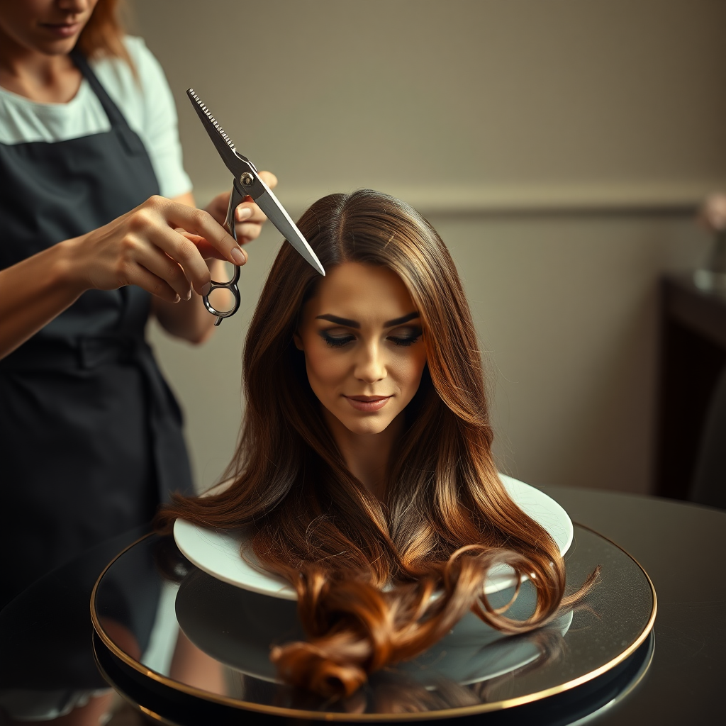 In a bizarre, surreal tableau, the polished surface of an elegant dining plate cradles the disembodied head of a strikingly beautiful Kate Middleton, her long, flowing hair cascading like a glossy waterfall of deep chestnut and honey highlights. The hair is luxuriously arranged, strands shimmering under the soft, ambient light that bathes the scene in an ethereal glow.

A skilled hairdresser, clad in a sleek black apron, stands poised with a pair of gleaming scissors, carefully trimming the endlessly luxurious locks that frame Kate's serene, almost ethereal features. The air is thick with the scent of salon products mingling with delicate hints of floral fragrances, creating an unusual yet strangely inviting atmosphere. The hairdresser's focused expression reveals a meticulous dedication as snippets of hair fall gracefully onto the pristine plate, echoing a sense of both artistry and absurdity.

The overall emotional tone conveys a dreamlike quality, inviting viewers to ponder the juxtaposition of beauty, identity, and the bizarre circumstances that bind them in this extraordinary moment.