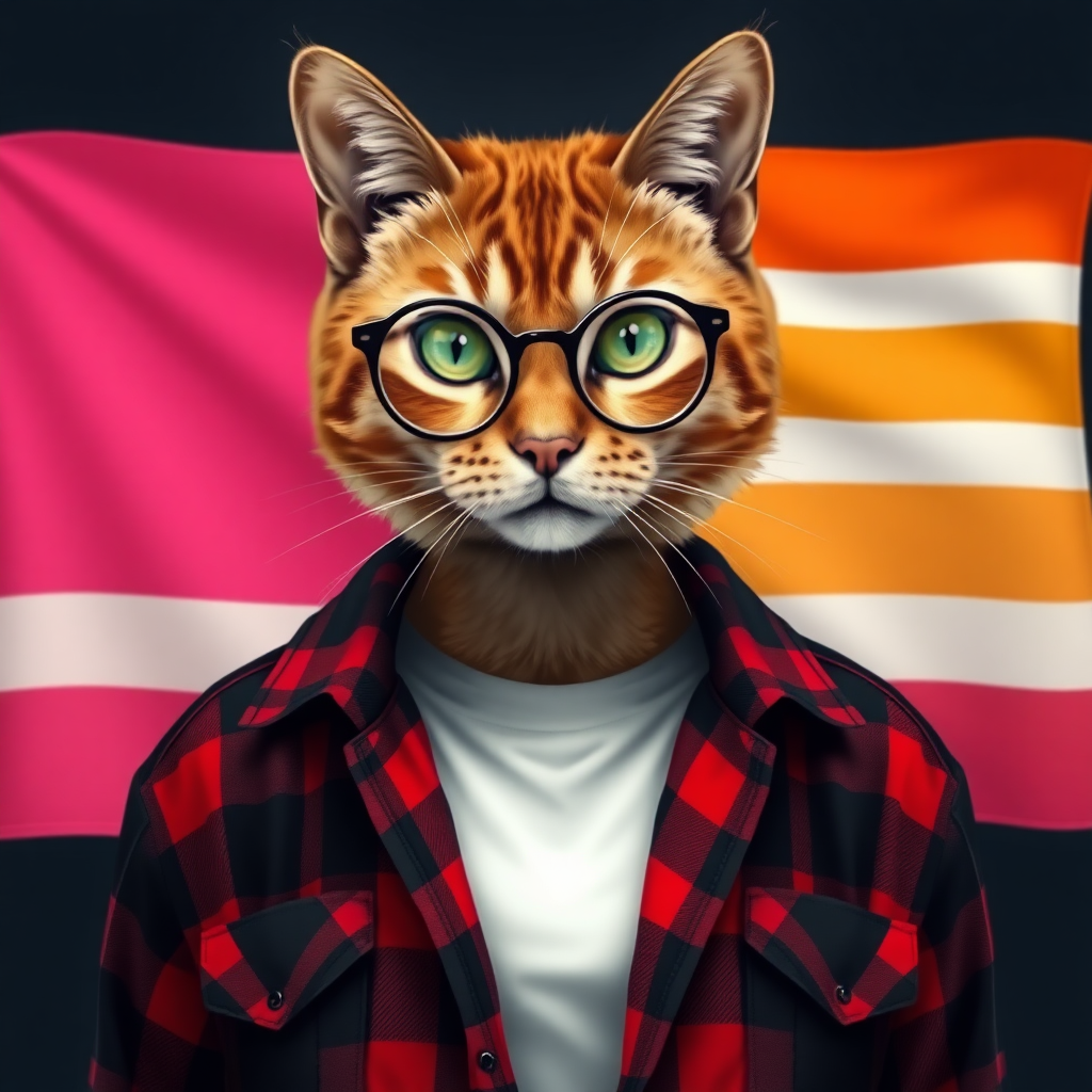 female cat-man with a chestnut color, behind, a flag with horizontal colors pink/light pink/white/light orange/orange, colors in that order, with semi-round glasses, an open red and black plaid shirt with a white t-shirt, in digital art