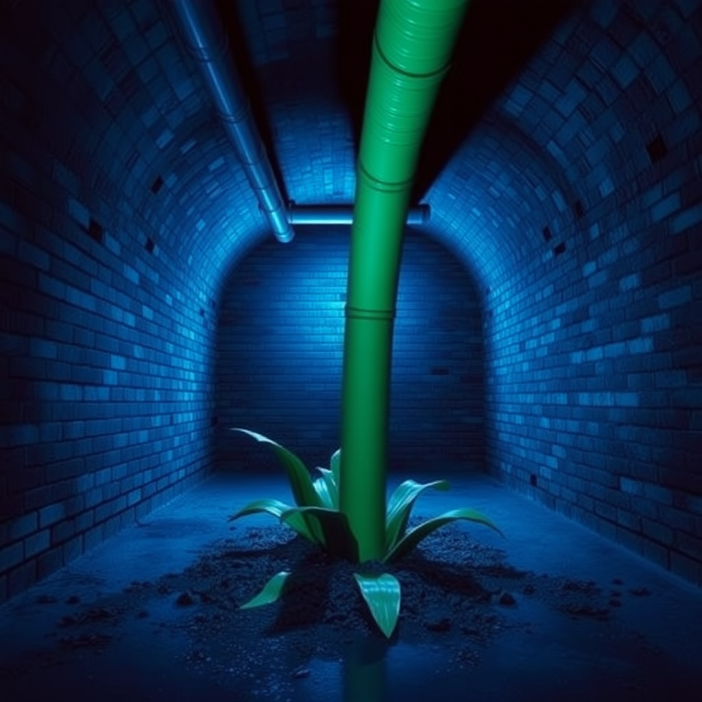 Interior. Underground scene with brick walls and floor. Blue tinted lighting. A large green drain pipe sticks out of the ground. A blue piranha plant imagined as a 1980s movie monster.