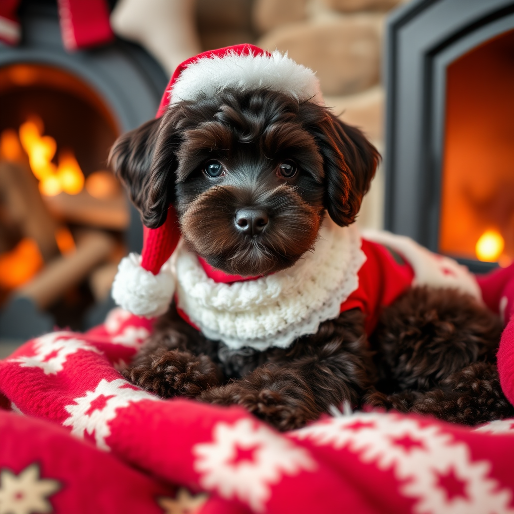 medium sized dark chocolate colored cockapoo, with Santa Claus, laying on super soft blankets, with a Christmas outfit, next to a roaring fireplace