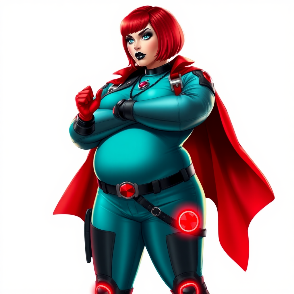 A 26-year-old, full-figured, mystical vigilante detective becomes the heavily pampered mystical ally of her cyberpunk vigilante older brother figure. She has a bright red bob cut, black lipstick, and piercing bright blue eyes. She has a new non-athletic build, now highlighted by a prominent, round, gargantuan midsection (with full emphasis on her gargantuan belly), which shows the aftermath of her new pampered lifestyle. Despite her pampered physique, she shows full confidence. She wears a biker suit consisting of a huge, magical, tight-fitting, maximum turquoise biker shirt (accentuating and emphasizing her gargantuan belly) maximum turquoise biker pants, complemented by a glowing neon red cape, a mystical ruby amulet (which is the source of her mystical powers), and magical red gloves glowing neon red. Her stance is firm and resolute, arms crossed, exuding a no-nonsense attitude. Her costume reflects the influence of DC New 52 Prime Earth’s Phantom Lady, Jennifer Knight, while her pose embodies the moral ambiguity and determination reminiscent of DC’s Pax Americana’s The Question. She is on a solid white background. She is drawn as if she was in a retro 2D cyberpunk fighting game. She is clearly non-athletic, with a focus on her full-figured physique. Make sure that her biker suit covers all of her bare skin (especially her gargantuan midsection).